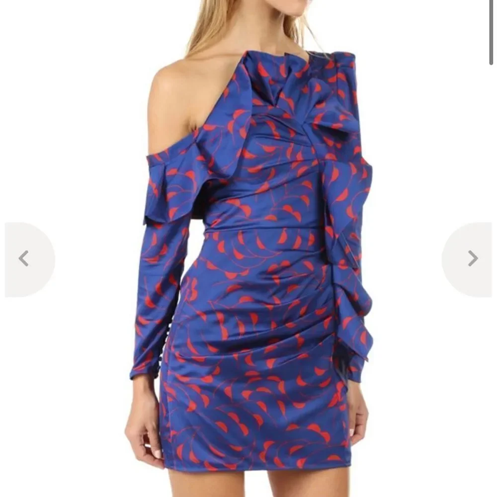 Self Portrait Blue Red One Shoulder Ruffle Dress - Picture 2 of 13